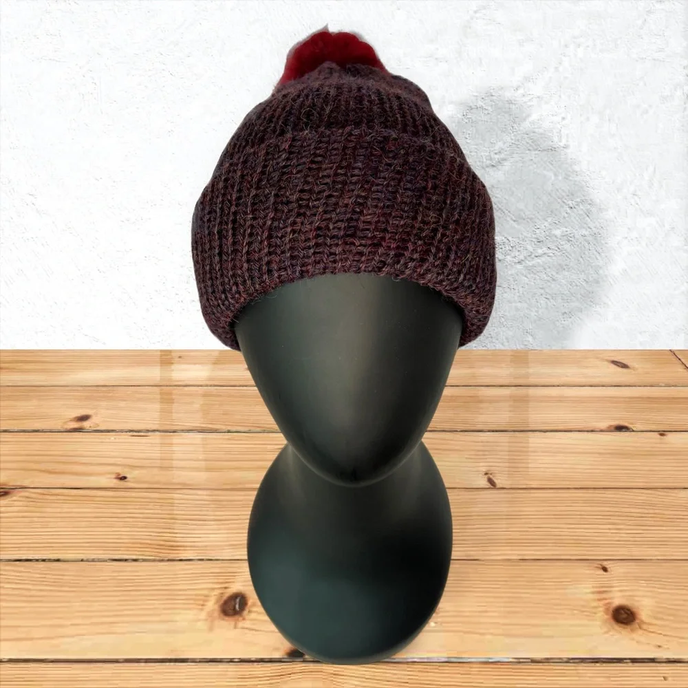 Handmade 100% Alpaca Knit Slouch Hat Beanie Borealis Blue Faux Rabbit Pom Pom - Picture 1 of 11